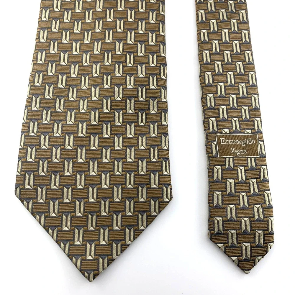 Ermenegildo Zegna Mens Tie Bronze & Gold‎ Geometric Repp 100% Silk Necktie